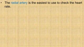• The radial artery is the easiest to use to check the heart
rate.
 