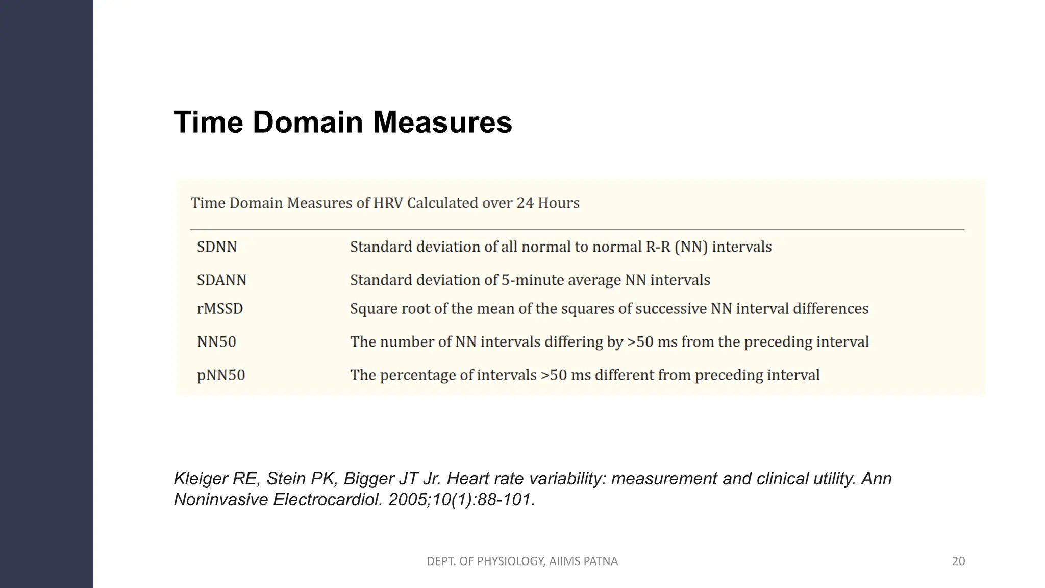 Time Domain Measures
DEPT. OF PHYSIOLOGY, AIIMS PATNA 20
Kleiger RE, Stein PK, Bigger JT Jr. Heart rate variability: measurement and clinical utility. Ann
Noninvasive Electrocardiol. 2005;10(1):88-101.
 