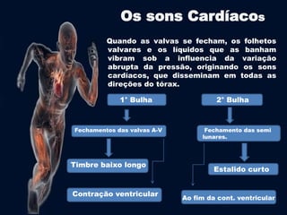 Os sons Cardíacos 
Quando as valvas se fecham, os folhetos 
valvares e os líquidos que as banham 
vibram sob a influencia da variação 
abrupta da pressão, originando os sons 
cardíacos, que disseminam em todas as 
direções do tórax. 
1° Bulha 2° Bulha 
Fechamentos das valvas A-V 
Timbre baixo longo 
Fechamento das semi 
lunares. 
Estalido curto 
Contração ventricular 
Ao fim da cont. ventricular 
 