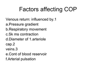 Factors affecting COP 1.Venous return: influenced by a.Pressure gradient b.Respiratory movement c.Sk ms contraction d.Diameter of 1.arteriole 2.cap 3.veins e.Cont of blood reservoir f.Arterial pulsation 