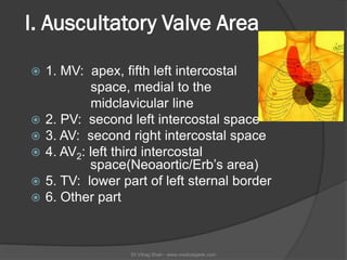 I. Auscultatory Valve Area

   1. MV: apex, fifth left intercostal
            space, medial to the
            midclavic...