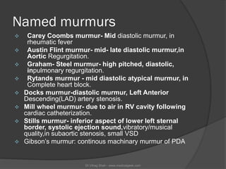 Named murmurs
    Carey Coombs murmur- Mid diastolic murmur, in
     rheumatic fever
    Austin Flint murmur- mid- late ...