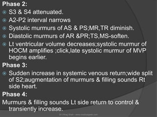 Phase 2:
 S3 & S4 attenuated.
 A2-P2 interval narrows
 Systolic murmurs of AS & PS;MR,TR diminish.
 Diastolic murmurs ...