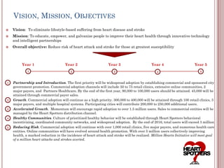VISION, MISSION, OBJECTIVES
   Vision: To eliminate lifestyle-based suffering from heart disease and stroke
   Mission: To educate, empower, and galvanize people to improve their heart health through innovative technology
    and intelligent partnerships
   Overall objective: Reduce risk of heart attack and stroke for those at greatest susceptibility



         Year 1                      Year 2                      Year 3                     Year 4                      Year 5
             1                          2                           3                           4                          5



1
   Partnership and Introduction. The first priority will be widespread adoption by establishing commercial and sponsored city
    government promotion. Commercial adoption channels will include 50 to 75 retail clinics, extensive online communities, 2
    major payers, and Partners Healthcare. By the end of the first year, 90,000 to 100,000 users should be attained. 45,000 will be
    attained through commercial payer sales.
2
   Growth. Commercial adoption will continue as a high priority. 300,000 to 400,000 will be attained through 100 retail clinics, 3
    major payers, and multiple hospital systems. Participating cities will contribute 200,000 to 250,000 additional users.
3
   Accelerated Growth. Momentum will encourage rapid adoption to over 1.5 million users. Sales to commercial entities will be
    managed by the Heart Spotters distribution channel.
4
   Healthy Communities. Culture of prioritized healthy behavior will be established through Heart Spotters behavioral
    incentivizing, coordinated community networks, and widespread adoption. By the end of 2016, total users will exceed 3 million
5
   Reducing Risk. Commercial adoption will continue with over 1,000 retail clinics, five major payers, and numerous health care
    entities. Online communities will have evolved around health promotion. With over 5 million users collectively improving
    health, a marked reduction in the incidence of heart attack and stroke will be realized. Million Hearts Initiative will meet goal
    of a million heart attacks and strokes averted.
 