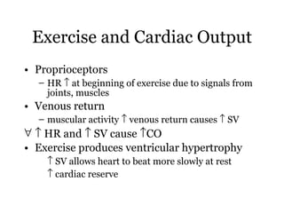 Exercise and Cardiac Output Proprioceptors HR    at beginning of exercise due to signals from joints, muscles Venous return muscular activity    venous return causes    SV    HR and    SV cause   CO Exercise produces ventricular hypertrophy    SV allows heart to beat more slowly at rest    cardiac reserve 