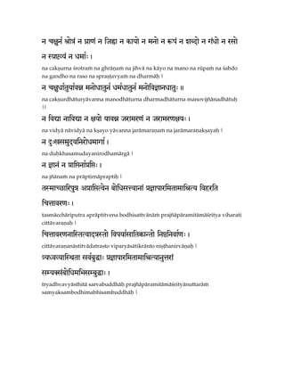 n c]unR ïaeÇ< n ºa[< n ijþa n kayae n mnae n êp< n zBdae n g<xae n rsae

n SàòVy< n xmaR>,
na cakñurna çrotraà na ghräëaà na jihvä na käyo na mano na rüpaà na çabdo
na gandho na raso na sprañöavyaà na dharmäù |

n c]uxaRtyaRvÚ mnaexatunR xmRxatunR mnaeiv}anxatu>.
         u
na cakñurdhäturyävanna manodhäturna dharmadhäturna manovijïänadhätuù
||

n iv*a naiv*a n ]yae yavÚ jramr[< n jramr[]y>,
na vidyä nävidyä na kñayo yävanna jarämaraëaà na jarämaraëakñayaù |

n Ê>osmudyinraexmagaR,
na duùkhasamudayanirodhamärgä |

n }an< n àaiÝnaRàiÝ>,
na jïänaà na präptirnäpraptiù |

tSmaCDairpuÇ AàaiÝTven baeixsÅvana< à}aparimtamaiïTy ivhrit

icÄavr[>,
tasmäcchäriputra apräptitvena bodhisattvänäà prajïäpäramitämäçritya viharati
cittävaraëaù |

icÄavr[naiStTvadÇStae ivpyaRsait³aNtae inóinvaR[>,
cittävaraëanästitvädatrasto viparyäsätikränto niñöhanirväëaù |

ÈyXvVyaiSwta svRbuÏa> à}aparimtamaiïTyanuÄra<

sMyKs<baeixmiÉsMbuÏa>,
tryadhvavyästhitä sarvabuddhäù prajïäpäramitämäçrityänuttaräà
samyaksambodhimabhisambuddhäù |
 