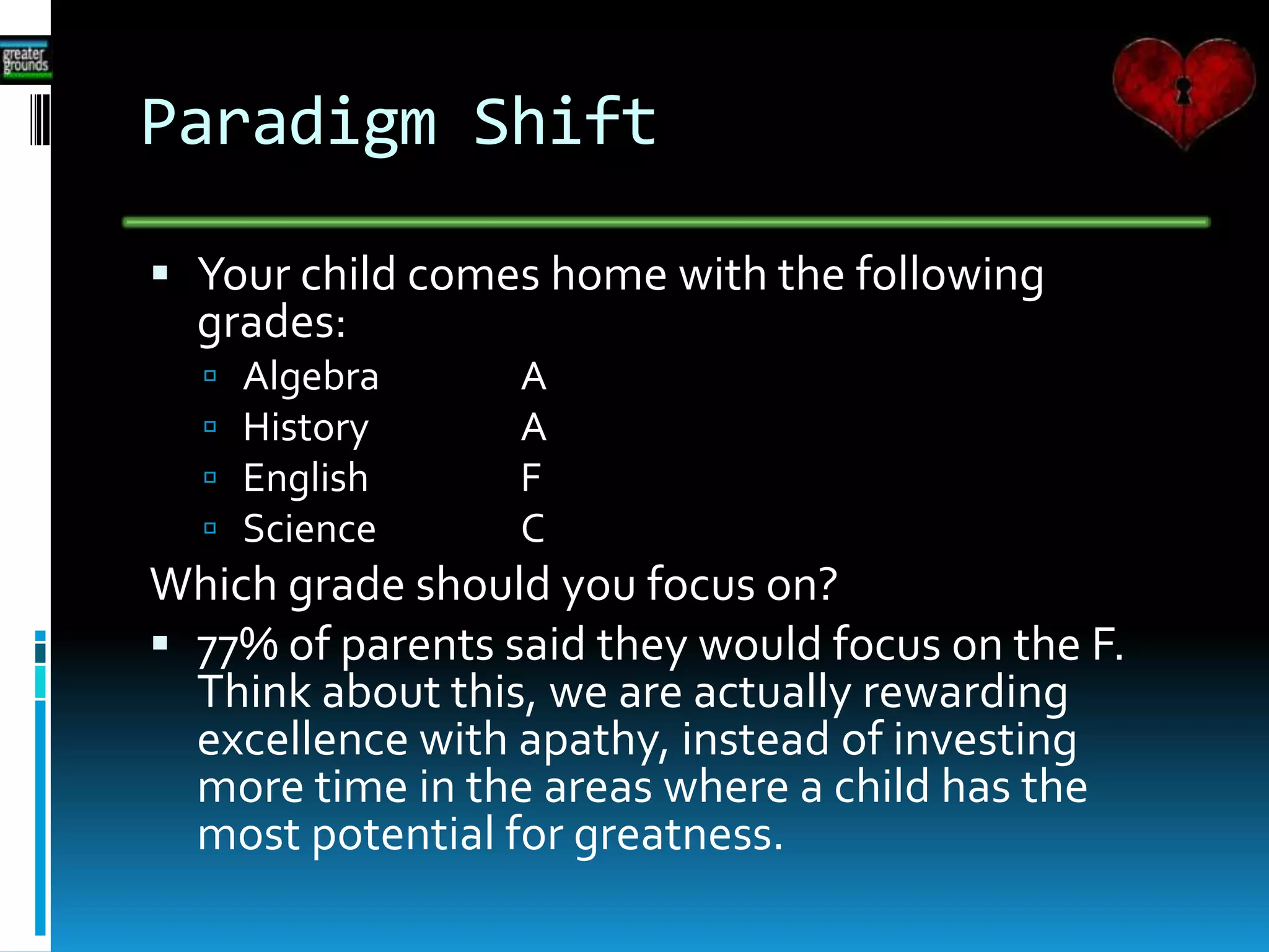 Paradigm Shift
 Your child comes home with the following
grades:
 Algebra A
 History A
 English F
 Science C
Which grade should you focus on?
 77% of parents said they would focus on the F.
Think about this, we are actually rewarding
excellence with apathy, instead of investing
more time in the areas where a child has the
most potential for greatness.
 