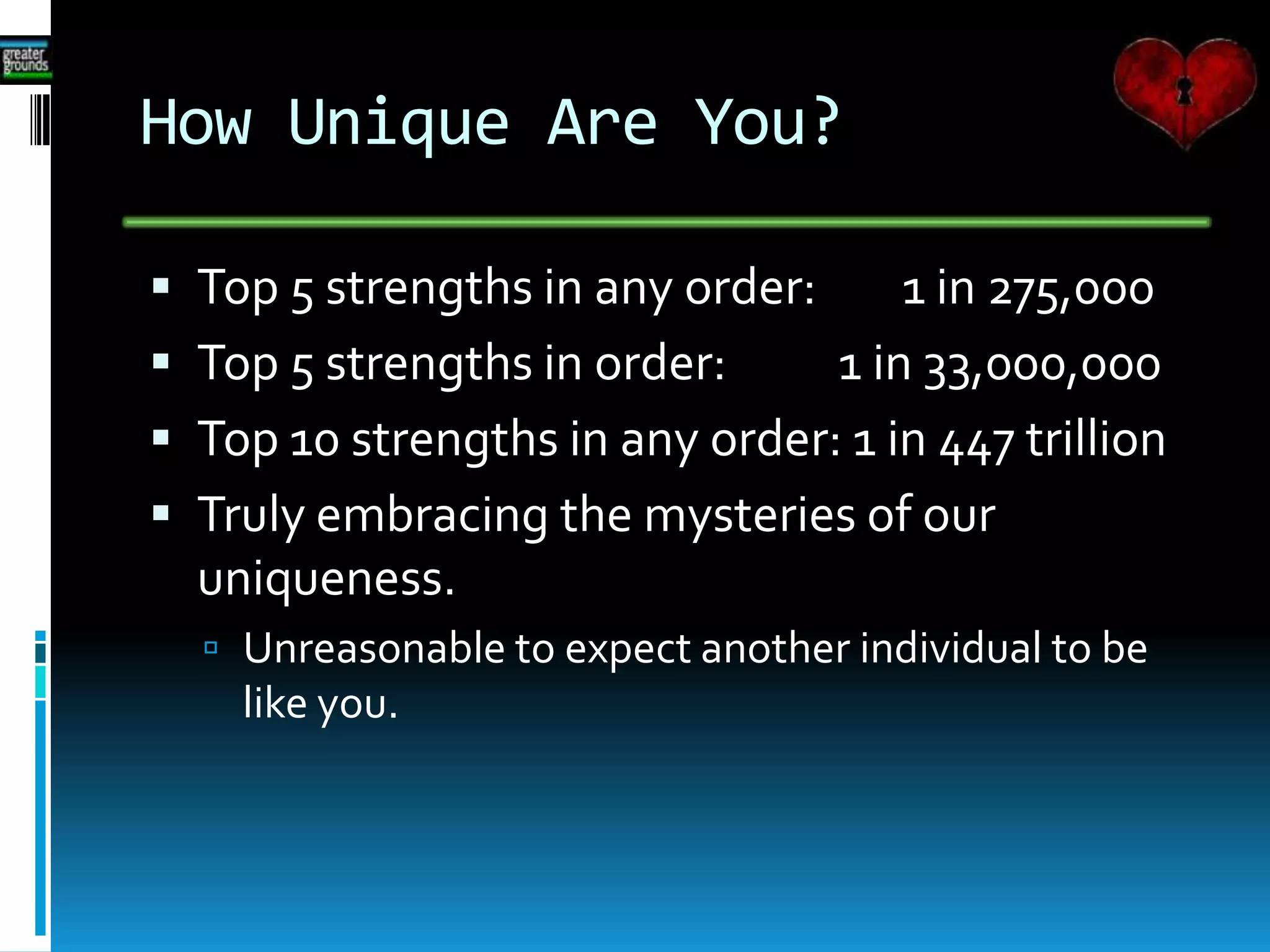 How Unique Are You?
 Top 5 strengths in any order: 1 in 275,000
 Top 5 strengths in order: 1 in 33,000,000
 Top 10 strengths in any order: 1 in 447 trillion
 Truly embracing the mysteries of our
uniqueness.
 Unreasonable to expect another individual to be
like you.
 