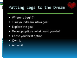 Putting Legs to the Dream
 Where to begin?
 Turn your dream into a goal.
 Explore the goal
 Develop options-what could you do?
 Chose your best option
 Own it
 Act on it
 