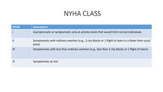 NYHA CLASS
NYHA Description
I Asymptomatic or symptomatic only at activity levels that would limit normal individuals
II Symptomatic with ordinary exertion (e.g., 2 city blocks or 1 flight of stairs in a faster than usual
pace)
III Symptomatic with less than ordinary exertion (e.g., less than 2 city blocks or 1 flight of stairs)
IV Symptomatic at rest
 