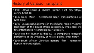 History of Cardiac Transplant
1905- Alexis Carrel & Charles Guthrie -First heterotopic
canine heart TX
1930-Frank Mann- heterotopic heart transplantation at
Myo clinic
1946- unsuccessful attempts in the inguinal region, Vladimir
Demikhov of the Soviet Union successfully implanted the
first intrathoracic heterotopic heart allograft.
1964-The first human cardiac TX - a chimpanzee xenograft
performed at the University of Mississippi by James Hardy
1967-South African Christian Barnard -first human-to-
human heart transplant
 