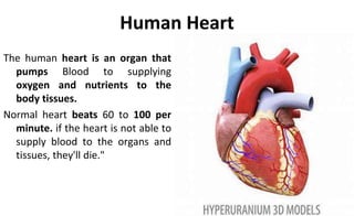 Human Heart
The human heart is an organ that
pumps Blood to supplying
oxygen and nutrients to the
body tissues.
Normal heart beats 60 to 100 per
minute. if the heart is not able to
supply blood to the organs and
tissues, they'll die."
 