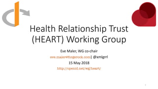 Health Relationship Trust
(HEART) Working Group
Eve Maler, WG co-chair
eve.maler@forgerock.com| @xmlgrrl
15 May 2018
http://openid.net/wg/heart/
1
 