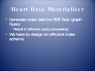 Heart Data Materializer Generate index data for RDF Sub-graph Query Result in efficient query processing We have to design an efficient index scheme. 