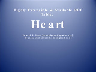 Highly Extensible & Available RDF Table:  Heart Edward J. Yoon (edwardyoon@apache.org), Hyunsik Choi (hyunsik.choi@gmail.com) 