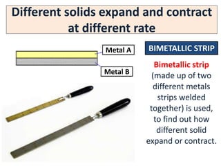 Different solids expand and contract
           at different rate
                Metal A   BIMETALLIC STRIP
                             Bimetallic strip
                Metal B
                            (made up of two
                            different metals
                              strips welded
                           together) is used,
                             to find out how
                              different solid
                          expand or contract.
 