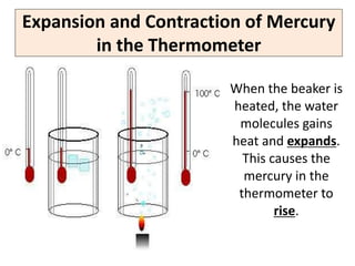Expansion and Contraction of Mercury
        in the Thermometer

                       When the beaker is
                       heated, the water
                        molecules gains
                       heat and expands.
                         This causes the
                         mercury in the
                        thermometer to
                               rise.
 