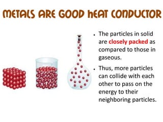 Metals are good heat conductor
                 ●   The particles in solid
                     are closely packed as
                     compared to those in
                     gaseous.
                 ●   Thus, more particles
                     can collide with each
                     other to pass on the
                     energy to their
                     neighboring particles.
 