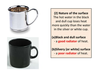 (2) Nature of the surface
 The hot water in the black
  and dull cup loses heat
more quickly than the water
 in the silver or white cup.

(a)Black and dull surface
  - a good radiator of heat.

(b)Silvery (or white) surface
  - a poor radiator of heat.
 