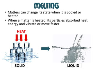 MELTING
• Matters can change its state when it is cooled or
  heated.
• When a matter is heated, its particles absorbed heat
  energy and vibrate or move faster

        HEAT




      SOLID                             LIQUID
 