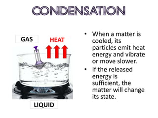 condensation
                 • When a matter is
GAS       HEAT     cooled, its
                   particles emit heat
HEAT               energy and vibrate
                   or move slower.
                 • If the released
                   energy is
                   sufficient, the
                   matter will change
                   its state.
      LIQUID
 
