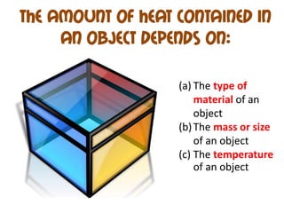 The Amount Of Heat Contained In
     An Object Depends On:

                   (a) The type of
                       material of an
                       object
                   (b) The mass or size
                       of an object
                   (c) The temperature
                       of an object
 