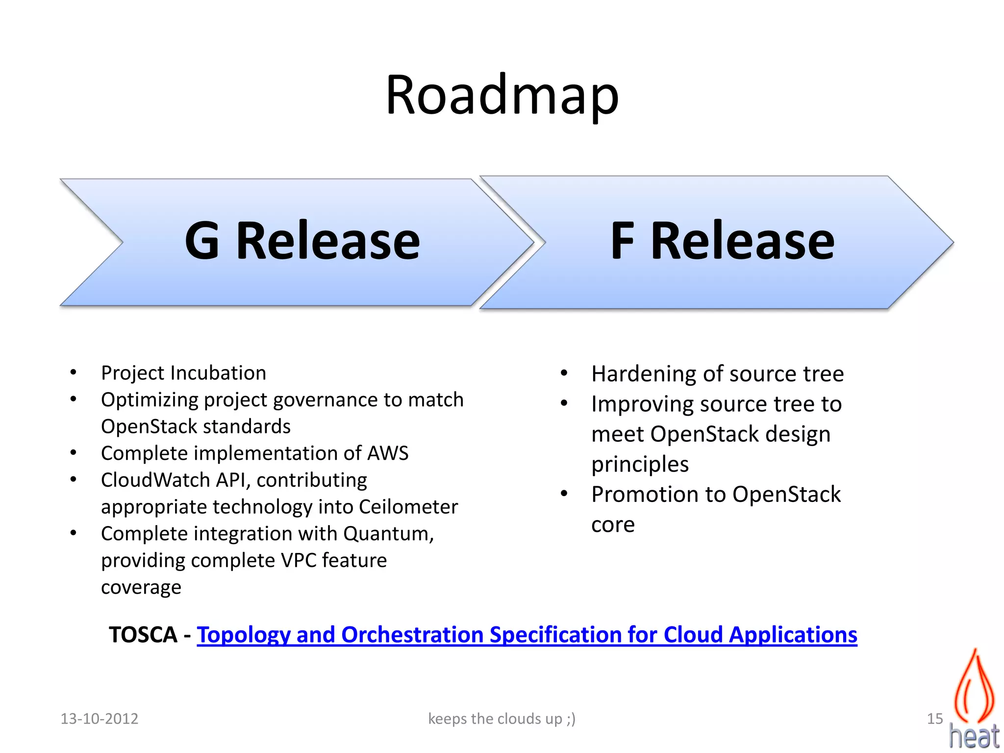 Roadmap

             G Release                                          F Release

 •   Project Incubation                                   • Hardening of source tree
 •   Optimizing project governance to match               • Improving source tree to
     OpenStack standards                                    meet OpenStack design
 •   Complete implementation of AWS
                                                            principles
 •   CloudWatch API, contributing
     appropriate technology into Ceilometer
                                                          • Promotion to OpenStack
 •   Complete integration with Quantum,                     core
     providing complete VPC feature
     coverage

      TOSCA - Topology and Orchestration Specification for Cloud Applications


13-10-2012                             keeps the clouds up ;)                          15
 