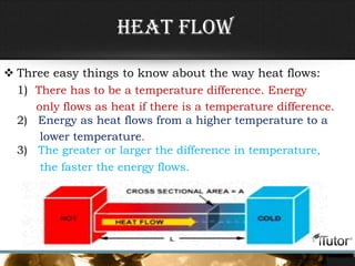  Three easy things to know about the way heat flows:
1) There has to be a temperature difference. Energy
only flows as heat if there is a temperature difference.
2) Energy as heat flows from a higher temperature to a
lower temperature.
3) The greater or larger the difference in temperature,
the faster the energy flows.
Heat flow
 