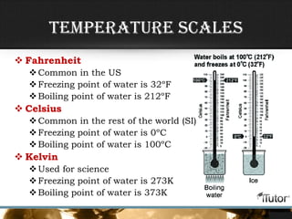 Temperature Scales
 Fahrenheit
Common in the US
Freezing point of water is 32ºF
Boiling point of water is 212ºF
 Celsius
Common in the rest of the world (SI)
Freezing point of water is 0ºC
Boiling point of water is 100ºC
 Kelvin
Used for science
Freezing point of water is 273K
Boiling point of water is 373K
 
