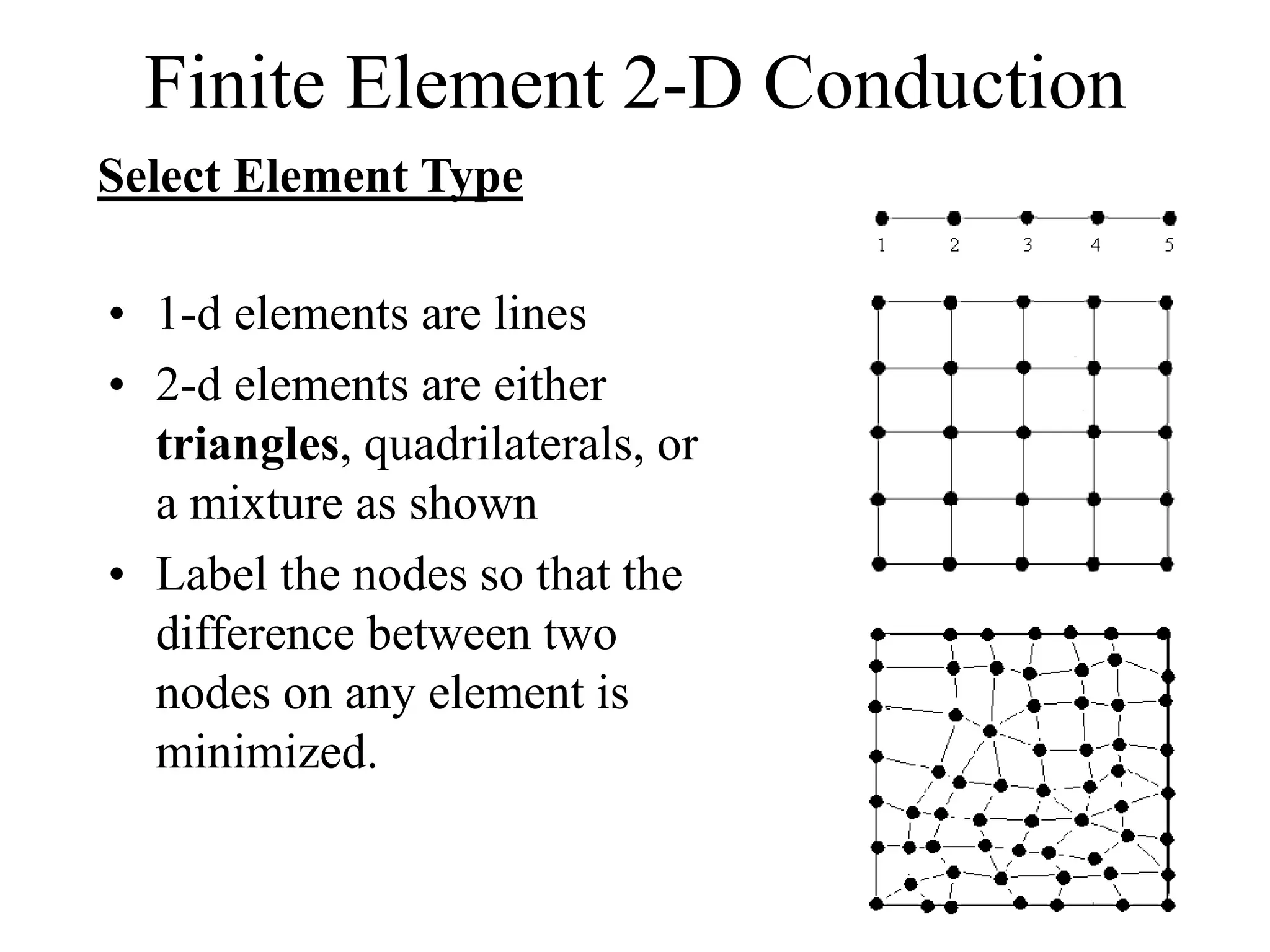 Finite Element 2-D Conduction
• 1-d elements are lines
• 2-d elements are either
triangles, quadrilaterals, or
a mixture as shown
• Label the nodes so that the
difference between two
nodes on any element is
minimized.
Select Element Type
 