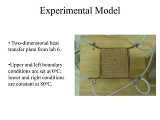 Experimental Model
• Two-dimensional heat
transfer plate from lab 6.
•Upper and left boundary
conditions are set at 0oC;
lower and right conditions
are constant at 80oC.
 