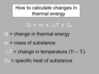 How to calculate changes in
thermal energy
Q = m x T x Cp
Q = change in thermal energy
m = mass of substance
T = change in temperature (Tf – Ti)
Cp = specific heat of substance
 