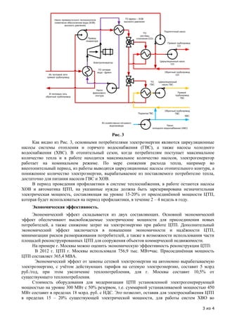 Рис. 3
     Как видно из Рис. 3, основными потребителями электроэнергии являются циркуляционные
насосы системы отопления и горячего водоснабжения (ГВС), а также насосы холодного
водоснабжения (ХВС). В отопительный сезон, когда потребителям поступает максимальное
количество тепла и в работе находится максимальное количество насосов, электрогенератор
работает на номинальном режиме. По мере снижения расхода тепла, например во
внеотопительный период, из работы выводятся циркуляционные насосы отопительного контура, а
пониженное количество электроэнергии, вырабатываемое из поставляемого потребителю тепла,
достаточно для питания насосов ГВС и ХОВ.
     В период проведения профилактики в системе теплоснабжения, в работе остаются насосы
ХОВ и автоматика ЦТП, на указанные нужды должна быть зарезервирована незначительная
электрическая мощность, составляющая на уровне 15-20% от присоединённой мощности ЦТП,
которая будет использоваться на период профилактики, в течение 2 – 4 недель в году.
     Экономическая эффективность.
      Экономический эффект складывается из двух составляющих. Основной экономический
эффект обеспечивают высвобождаемые электрические мощности для присоединения новых
потребителей, а также снижение затрат на электроэнергию при работе ЦТП. Дополнительный
экономический эффект заключается в повышении экономичности и надёжности ЦТП,
минимизации рисков размораживания потребителей, а также в возможности использования части
площадей реконструированных ЦТП для сооружения объектов коммерческой недвижимости.
      На примере г. Москвы можно оценить экономическую эффективность реконструкции ЦТП:
       В 2012 г. ЦТП г. Москвы использовали 756,9 тыс. МВт•час. Присоединённая мощность
ЦТП составляет 365,4 МВА.
       Экономический эффект от замены сетевой электроэнергии на автономно вырабатываемую
электроэнергию, с учётом действующих тарифов на сетевую электроэнергию, составит 5 млрд
руб./год, при этом увеличение теплопотребления, для г. Москвы составит 10,5% от
существующего теплопотребления.
      Стоимость оборудования для модернизации ЦТП установленной электрогенерирующей
мощностью на уровне 300 МВт с 50% резервом, т.е. суммарной устанавливаемой мощностью 450
МВт составит в пределах 18 млрд. руб. с НДС. Это позволит, оставив для электроснабжения ЦТП
в пределах 15 – 20% существующей электрической мощности, для работы систем ХВО во

                                                                                     3 из 4
 