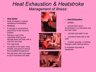 Heat Exhaustion & Heatstroke Management of illness: Heat Stroke Seek emergency medical assistance immediately DRABCD If casualty is unconscious, place them in the recovery position Remove most of the casualties clothing and sponge down the body with a cool and wet cloth Fan vigorously Ice packs to the head, neck, armpits, and groin to reduce the casualties temperature. Provide them with cool water to sip if conscious and able. Heat Exhaustion: DRABC remove from warm environment in a cool place and lay them down provide cool water to sip cool down body with a wet cloth monitor casualty, is nothing changes seek medical advice If untreated may lead to heatstroke. 