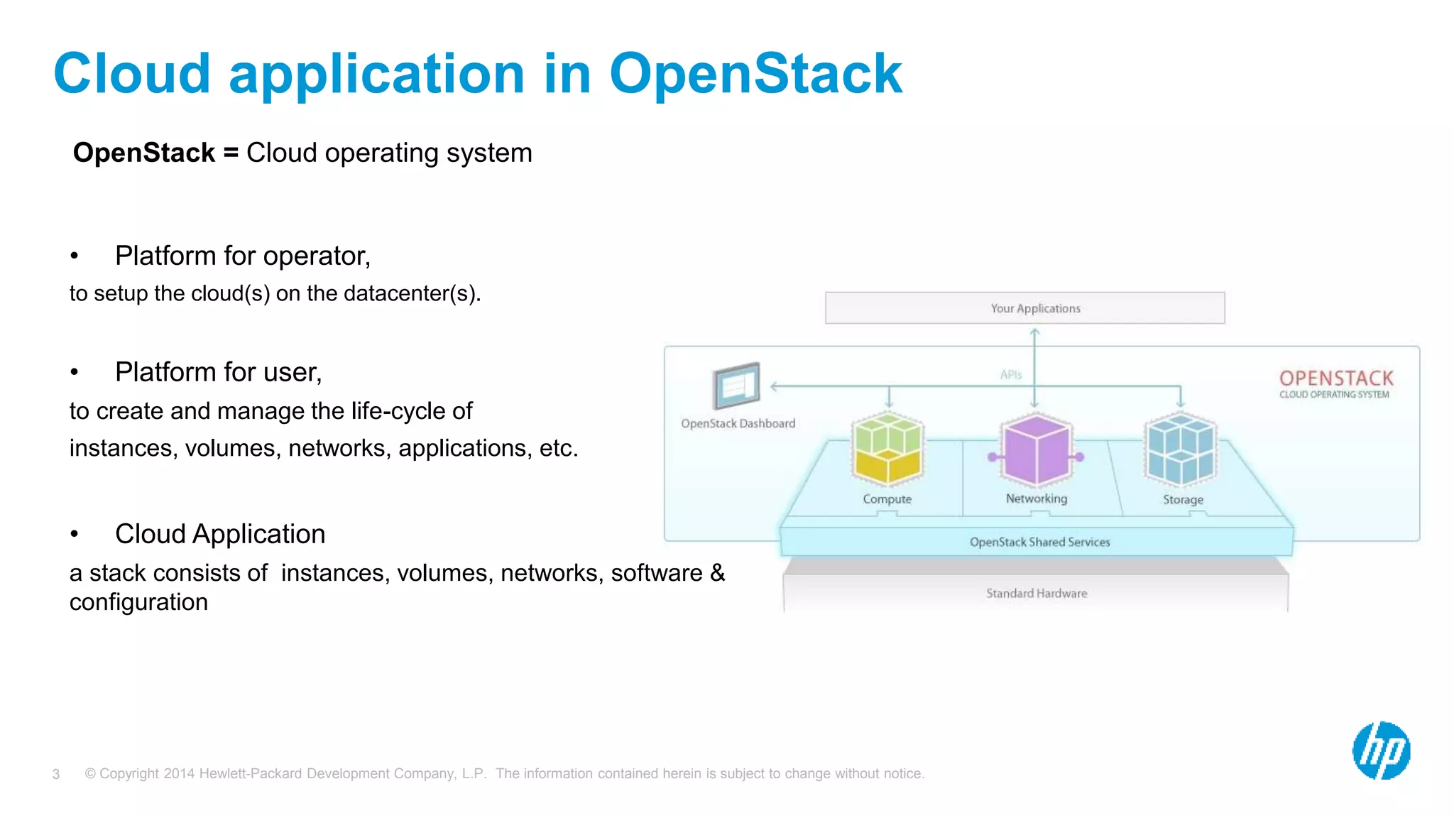 © Copyright 2014 Hewlett-Packard Development Company, L.P. The information contained herein is subject to change without notice.3
Cloud application in OpenStack
OpenStack = Cloud operating system
• Platform for operator,
to setup the cloud(s) on the datacenter(s).
• Platform for user,
to create and manage the life-cycle of
instances, volumes, networks, applications, etc.
• Cloud Application
a stack consists of instances, volumes, networks, software &
configuration
 
