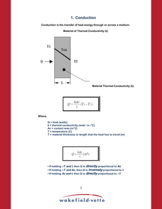 1. Conduction
Conduction is the transfer of heat energy through or across a medium.
Material of Thermal Conductivity (k)
Material Thermal Conductivity (k)
Where,
Q = heat (watts)
k = thermal conductivity (watt / m -°C)
Ac = contact area (m^2)
T = temperature (C)
T = material thickness or length that the heat has to travel (m)
• If holding ∆T and t, then Q is directly proportional to Ac
• If holding ∆T and Ac, then Q is inversely proportional to t
• If holding Ac and t, then Q is directly proportional to ∆T
3
 