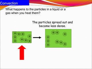 Convection
What happens to the particles in a liquid or a
gas when you heat them?
The particles spread out and
become less dense.
 
