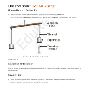 Observations: Hot Air Rising
Observations and Explanation
The cup with the candle underneath it rises because the air inside the cup heats up.
When air is heated, it expands and takes up more space, making it lighter. This causes the cup to rise.
Hot air rising up
Example of Air Expansion
When a partially inflated balloon is placed in the Sun, the air inside it heats up and expands, causing the balloon to
become larger.
Smoke Rising
When an incense stick is burnt, the smoke produced is a mixture of hot gases and tiny solid particles.
Since the smoke is warmer than the surrounding air, it rises.
 