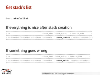 Get stack's list
heat stack-list
If everything is nice after stack creation
+--------------------------------------+------------+-----------------+----------------------+
| id | stack_name | stack_status | creation_time |
+--------------------------------------+------------+-----------------+----------------------+
| 70296f8e-f301-465f-8b42-1aa3f95c42f6 | teststack | CREATE_COMPLETE | 2013-05-29T07:39:57Z |
+--------------------------------------+------------+-----------------+----------------------+
If something goes wrong
+--------------------------------------+------------+---------------+----------------------+
| id | stack_name | stack_status | creation_time |
+--------------------------------------+------------+---------------+----------------------+
| 70296f8e-f301-465f-8b42-1aa3f95c42f6 | teststack | CREATE_FAILED | 2013-05-29T07:39:57Z |
+--------------------------------------+------------+---------------+----------------------+
 