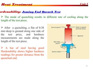 Unit 5Heat Treatment
32
ardenability: Jominy End Quench Test
 After a quenching, a flat of 0.38
mm deep is ground along one side of
the test price, and hardness
measurements are made along the
length of the test piece.
 A bar of steel having good
Hardenability shows higher hardness
readings for greater distance from the
quenched end.
 The mode of quenching results in different rate of cooling along the
length of the test piece.
 