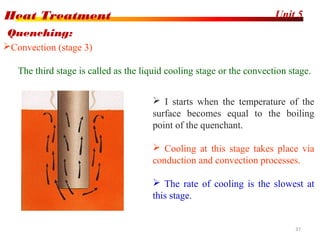 Unit 5Heat Treatment
37
Convection (stage 3)
The third stage is called as the liquid cooling stage or the convection stage.
Quenching:
 I starts when the temperature of the
surface becomes equal to the boiling
point of the quenchant.
 Cooling at this stage takes place via
conduction and convection processes.
 The rate of cooling is the slowest at
this stage.
 
