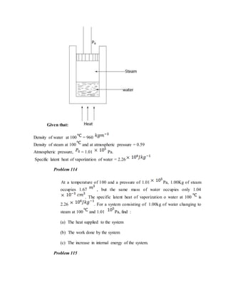Given that:
Density of water at 100 = 960
Density of steam at 100 and at atmospheric pressure = 0.59
Atmospheric pressure, = 1.01 Pa.
Specific latent heat of vaporization of water = 2.26
Problem 114
At a temperature of 100 and a pressure of 1.01 Pa, 1.00Kg of steam
occupies 1.67 , but the same mass of water occupies only 1.04
. The specific latent heat of vaporization o water at 100 is
2.26 . For a system consisting of 1.00kg of water changing to
steam at 100 and 1.01 Pa, find :
(a) The heat supplied to the system
(b) The work done by the system
(c) The increase in internal energy of the system.
Problem 115
 