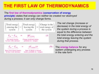 16
THE FIRST LAW OF THERMODYNAMICS
The energy balance for any
system undergoing any process
in the rate form
The first law of thermodynamics (conservation of energy
principle) states that energy can neither be created nor destroyed
during a process; it can only change forms.
The net change (increase or
decrease) in the total energy of
the system during a process is
equal to the difference between
the total energy entering and the
total energy leaving the system
during that process.
 