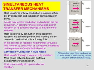 39
SIMULTANEOUS HEAT
TRANSFER MECHANISMS
Although there are three mechanisms
of heat transfer, a medium may involve
only two of them simultaneously.
Heat transfer is only by conduction in opaque solids,
but by conduction and radiation in semitransparent
solids.
A solid may involve conduction and radiation but not
convection. A solid may involve convection and/or
radiation on its surfaces exposed to a fluid or other
surfaces.
Heat transfer is by conduction and possibly by
radiation in a still fluid (no bulk fluid motion) and by
convection and radiation in a flowing fluid.
In the absence of radiation, heat transfer through a
fluid is either by conduction or convection, depending
on the presence of any bulk fluid motion.
Convection = Conduction + Fluid motion
Heat transfer through a vacuum is by radiation.
Most gases between two solid surfaces
do not interfere with radiation.
Liquids are usually strong absorbers of
radiation.
 