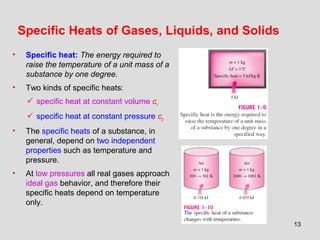 13
Specific Heats of Gases, Liquids, and Solids
• Specific heat: The energy required to
raise the temperature of a unit mass of a
substance by one degree.
• Two kinds of specific heats:
 specific heat at constant volume cv
 specific heat at constant pressure cp
• The specific heats of a substance, in
general, depend on two independent
properties such as temperature and
pressure.
• At low pressures all real gases approach
ideal gas behavior, and therefore their
specific heats depend on temperature
only.
 
