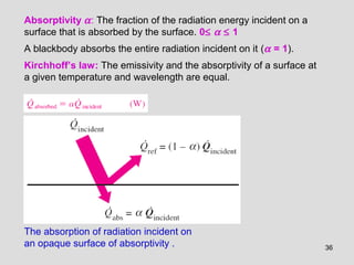 36
Absorptivity α: The fraction of the radiation energy incident on a
surface that is absorbed by the surface. 0≤ α ≤ 1
A blackbody absorbs the entire radiation incident on it (α = 1).
Kirchhoff’s law: The emissivity and the absorptivity of a surface at
a given temperature and wavelength are equal.
The absorption of radiation incident on
an opaque surface of absorptivity .
 