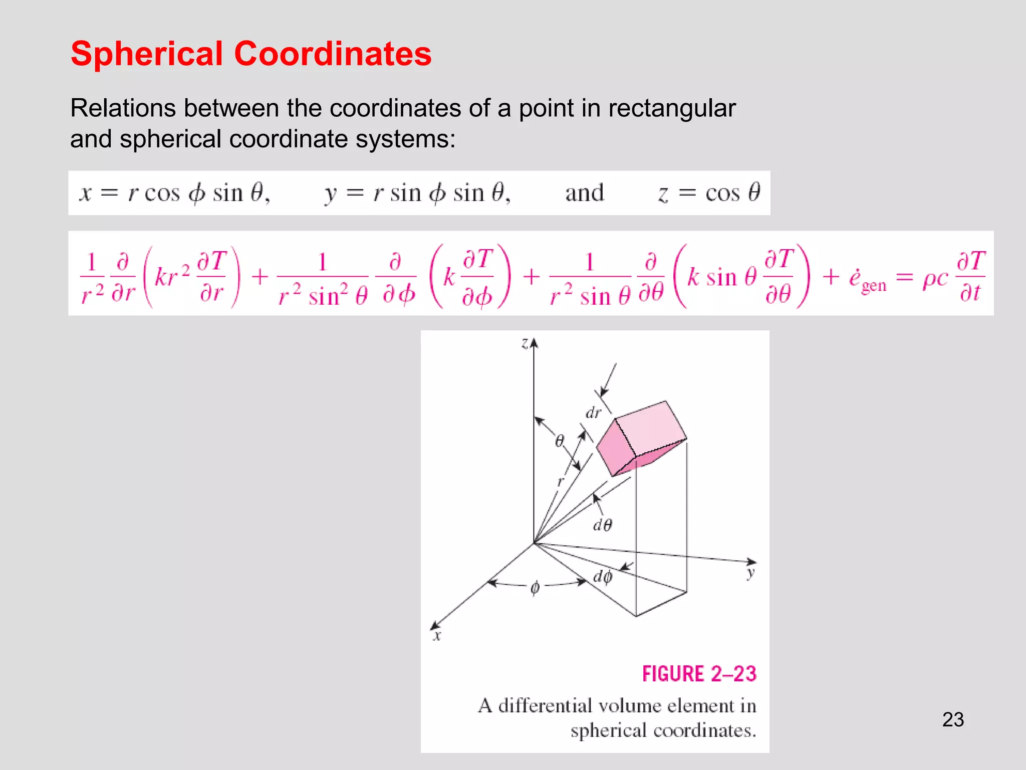 23
Spherical Coordinates
Relations between the coordinates of a point in rectangular
and spherical coordinate systems:
 