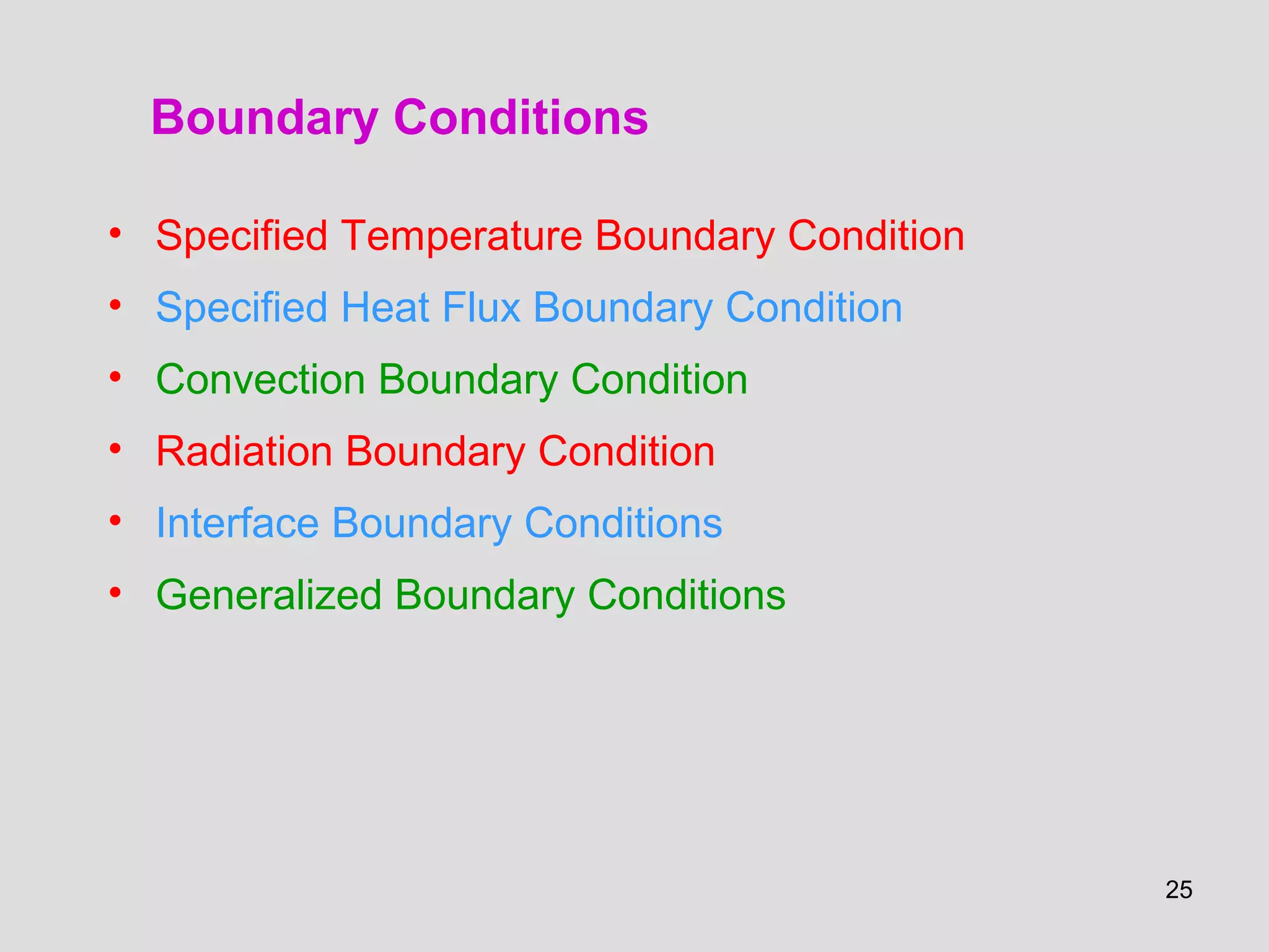 25
• Specified Temperature Boundary Condition
• Specified Heat Flux Boundary Condition
• Convection Boundary Condition
• Radiation Boundary Condition
• Interface Boundary Conditions
• Generalized Boundary Conditions
Boundary Conditions
 