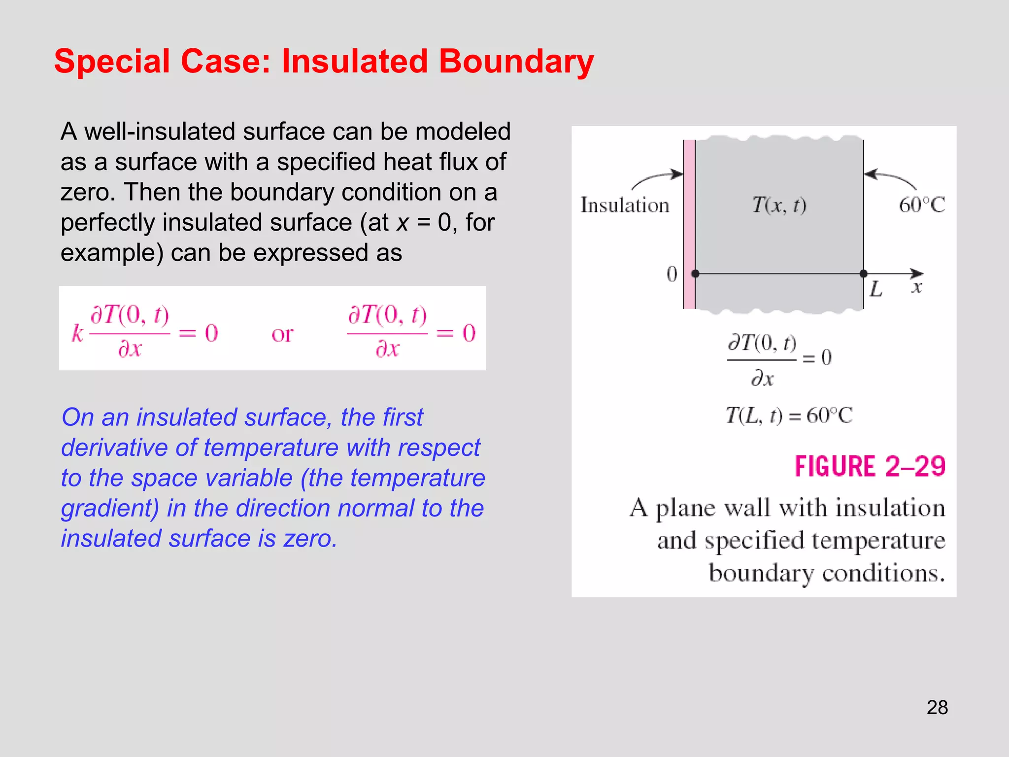 28
Special Case: Insulated Boundary
A well-insulated surface can be modeled
as a surface with a specified heat flux of
zero. Then the boundary condition on a
perfectly insulated surface (at x = 0, for
example) can be expressed as
On an insulated surface, the first
derivative of temperature with respect
to the space variable (the temperature
gradient) in the direction normal to the
insulated surface is zero.
 