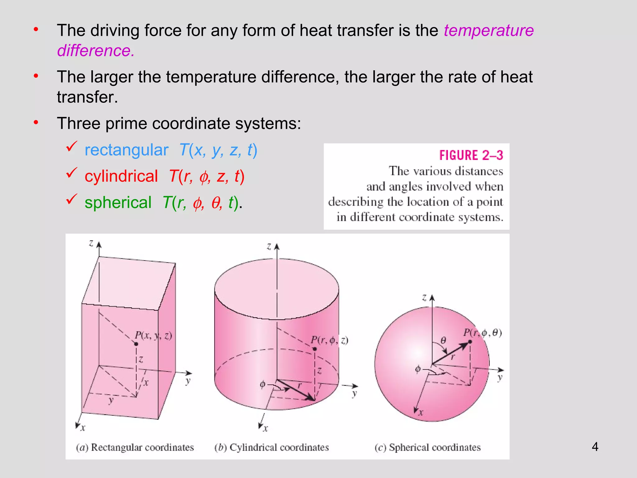 4
• The driving force for any form of heat transfer is the temperature
difference.
• The larger the temperature difference, the larger the rate of heat
transfer.
• Three prime coordinate systems:
 rectangular T(x, y, z, t)
 cylindrical T(r, φ, z, t)
 spherical T(r, φ, θ, t).
 